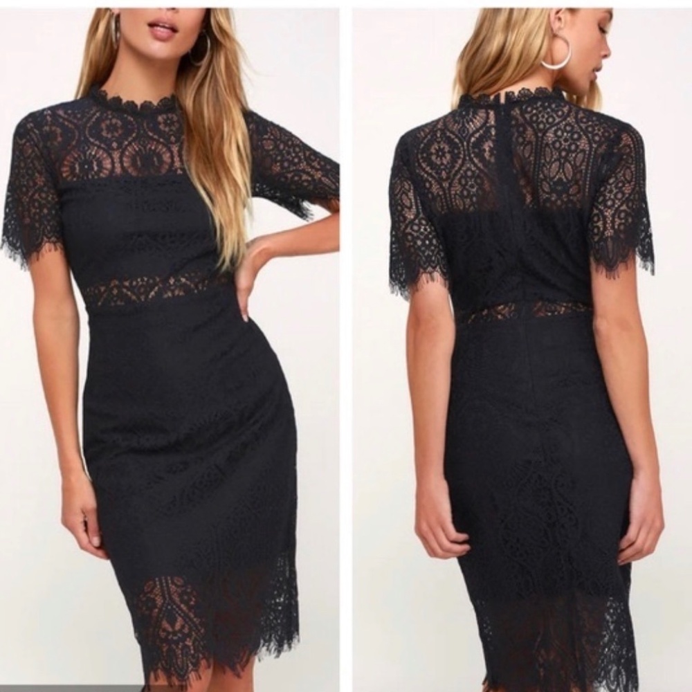 Lulus Remarkable Navy Lace Short Sleeve Dress